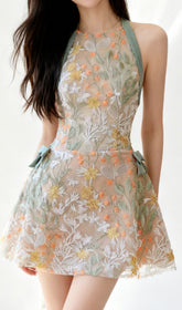 Itsuo Whimsical Floral Embroidered Halter Mini Dress