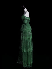 Vestido de fiesta verde oscuro de tul brillante con capas en forma de A