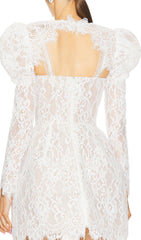 Beltran White Butterfly Lace Mini Dress with Statement Puff Sleeves