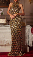 Liora Opulent Gold Sequin Crystal Halter Maxi Dress