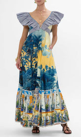 Deryn Tropical Oasis Ruffle V-Neck Maxi Dress