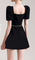 Elegant Black Statement Bow Mini Dress with Puff Sleeves