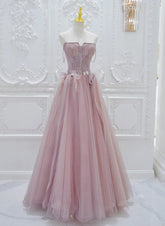Vestido de fiesta de tul rosa con encaje y corte A