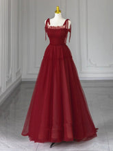 Wine Red Tulle Straps Beaded A-line Long Party Dress
