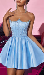 Josephus Dazzling Blue Strapless Embellished Corset Mini Dress
