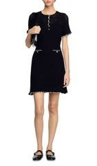 Chic Black Scalloped Openwork Knit Mini Dress with Button Detail