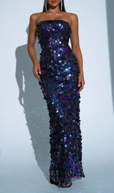 Fiene Dazzling Iridescent Sequin Strapless Maxi Gown