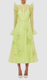 Elula Enchanting Lime Green 3D Floral Ruffled Midi Dress