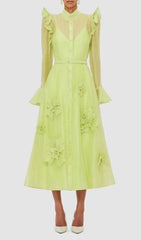 Elula Enchanting Lime Green 3D Floral Ruffled Midi Dress