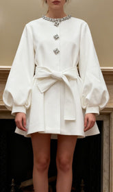 Jairus Glamorous White Mini Dress with Crystal Neckline & Puff Sleeves