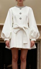 Jairus Glamorous White Mini Dress with Crystal Neckline & Puff Sleeves