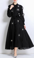 Holly Black Floral Embellished Long Sleeve Midi Dress for Women
