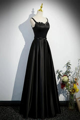 A-line Black Satin Straps Long Formal Dress