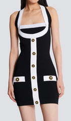 Clotho Chic Black & White Halter Mini Bandage Dress with Gold Buttons