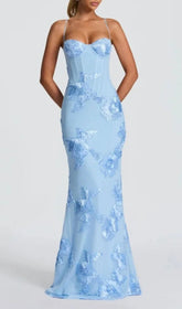 Jaleh Enchanting Blue Floral Backless Maxi Gown
