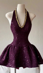 Eileen Dazzling Purple Sequin Halter Mini Dress with Gold Accents