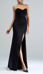 Catiche Women's Elegant Black Strapless Corset Maxi Dress with High Slit