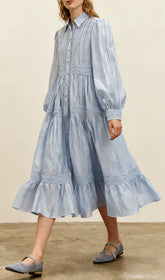 Izumi Sky Blue Lace Tiered Midi Shirtdress