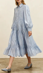 Izumi Sky Blue Lace Tiered Midi Shirtdress