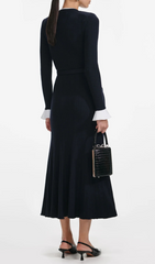 Chic Navy Ribbed Knit Button-Front Midi Dress