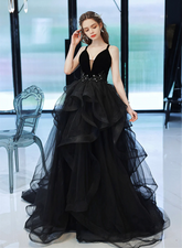 Black Straps V-neckline Tulle Long Party Dress