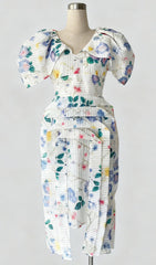Janis Chic Floral Stripe Puff Sleeve Midi Dress