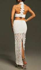 Festus White Ruffled Lace Halterneck Cutout Maxi Dress
