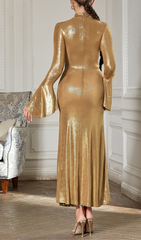 Glamorous Gold Shimmer Bell Sleeve Cutout Maxi Dress
