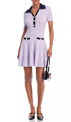 Chic Lilac Pointelle Knit Mini Polo Dress with Pearl Buttons