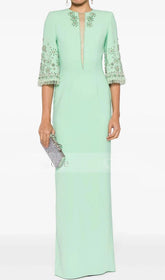 Elegant Glaucia Mint Embellished Maxi Dress with Bell Sleeves