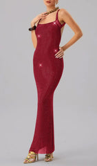 Dazzling Red Rhinestone Backless Maxi Dress