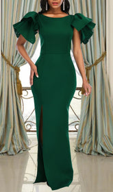 Badu Emerald Green Ruffle Maxi Dress with High Slit