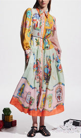 Ceara Whimsical Art Print Long Sleeve Midi Shirt Dress