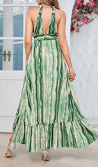 Estacia Vibrant Chic Green Swirl Print Halter Maxi Dress with Ruffles
