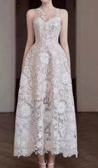 Elegant White Floral Lace Midi Dress with Illusion Neckline