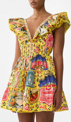 Gelsey Vibrant Yellow Patchwork Print V-Neck Ruffle Mini Dress