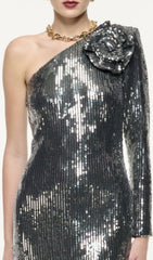Charlot Glamorous Silver Sequin One-Shoulder Maxi Dress with 3D Floral Appliqu
