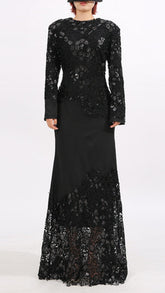 Elodie Enchanting Black Lace & Sequin Long Sleeve Maxi Dress