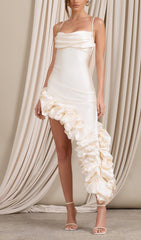 Abigail Ivory Satin Draped Ruffle Asymmetrical Cocktail Dress
