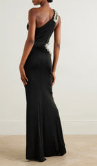 Cala Black Glamour One-Shoulder Embellished Cutout Maxi Dress