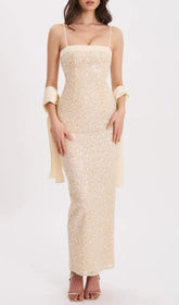 Raizel Luxe Gold Sequin & Beaded Bodycon Gown with Matching Scarf