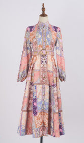 Glynnis Boho Patchwork Long Sleeve Midi Dress with Belt