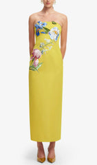 Jeneth Radiant Yellow Strapless Maxi Dress with Exquisite 3D Floral Appliqus