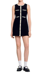 Jenne Black Sleeveless Mini Dress with Contrast Trim & Gold Button Details