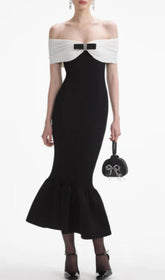 Brial Elegant Black Off-Shoulder Ribbed Fluted Midi Dress with Rhinestone Bow