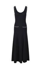 Chic Beaded Rib Knit Sleeveless Midi Dress with Pockets