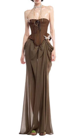 Edna Brown Whimsical Strapless Corset Maxi Dress