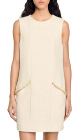 Lovana Elegant Tweed Sleeveless Shift Dress with Dazzling Rhinestone Pockets