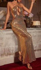 Dazzling Gold Sequin Halter Cutout Maxi Dress