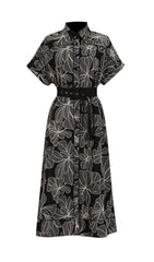 Davan Black & White Floral Belted Midi Shirtdress with Pockets